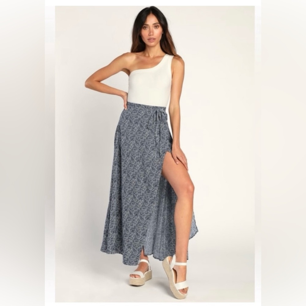 Lulus Beautiful Tempest Navy Print Wrap Maxi Skirt